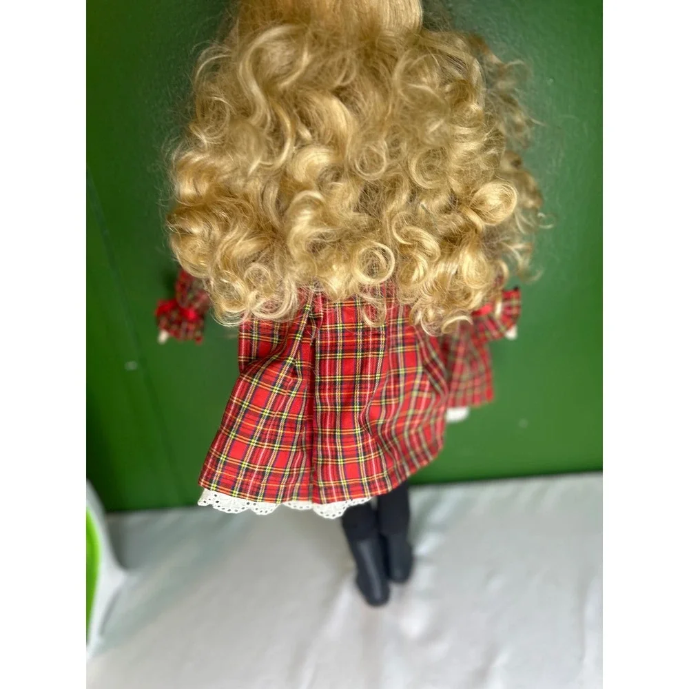 Vintage Porcelain Collectible Doll Blonde Hair Blue Eyes Red Plaid Holiday Dress